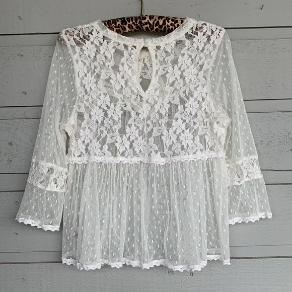 FREE PEOPLE BOHO IVORY/OFF WHITE MODERN ROMANCE SHEER LACE TOP - Picture 11 of 13